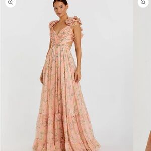 Mac Duggal Pink Floral Tiered Gown With Ruffle Sleeves